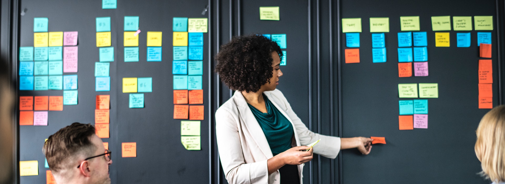 A woman in a beige blazer presents at a black wall covered in brightly-coloured post-it notes, while two coworkers look on. Capture d’écran d’un manuel numérique montrant un lien vers un questionnaire interactif