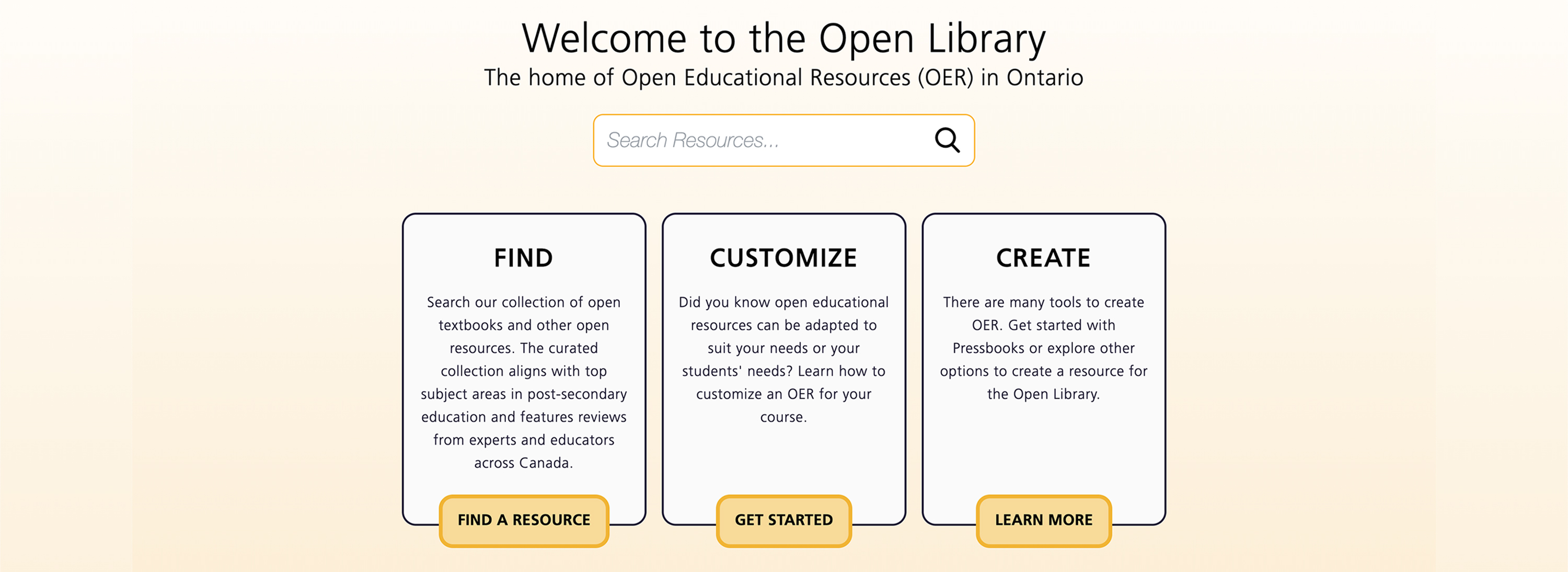 Screenshot of the Open Library homepage, featuring purple text on a yellow background